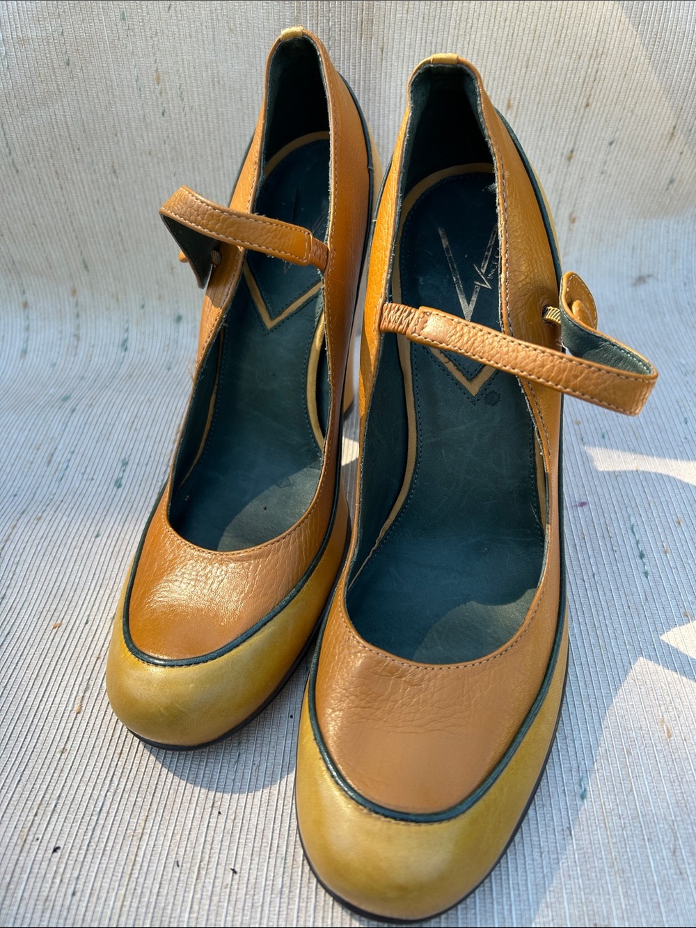 Vince Camuto Two-Tone Mustard Mary Jane Heels